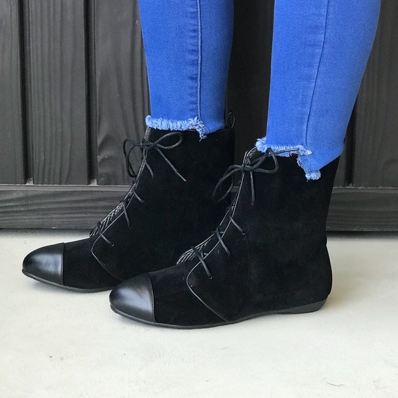 Boutique Shoes - Cap Toe Calf Length Lace Up Combat Boot